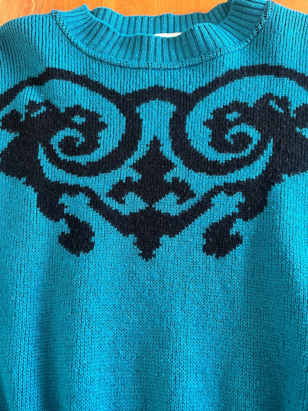 Vintage I Blues Italian Wool Teal with Black Pattern Dolman Drop Sleeve Sweater - Picture 2 of 12